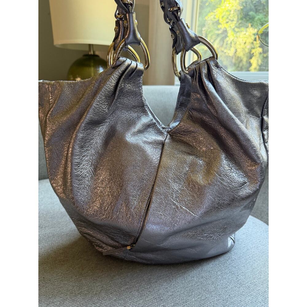 Elliot Lucca Silver Metallic Leather Shoulder Handbag Gold Braided Handles Boho - Picture 10 of 15